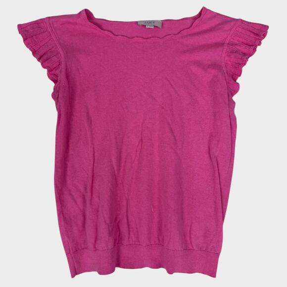 Ann Taylor LOFT Outlet Small Pink Cap Sleeve Ruffle Sweater Scallop Neckline - Picture 1 of 7